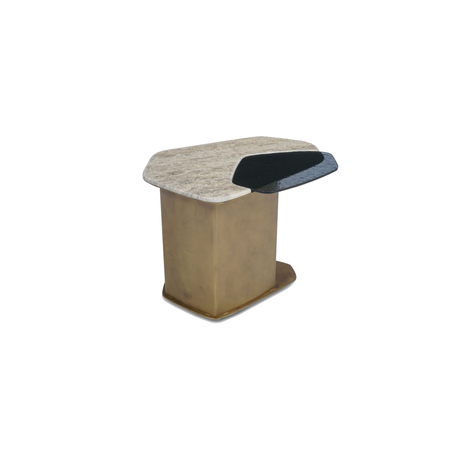 Stratos side table, which consists of the harmony of travertine, fusion glass, and metal standing in front of a white background.