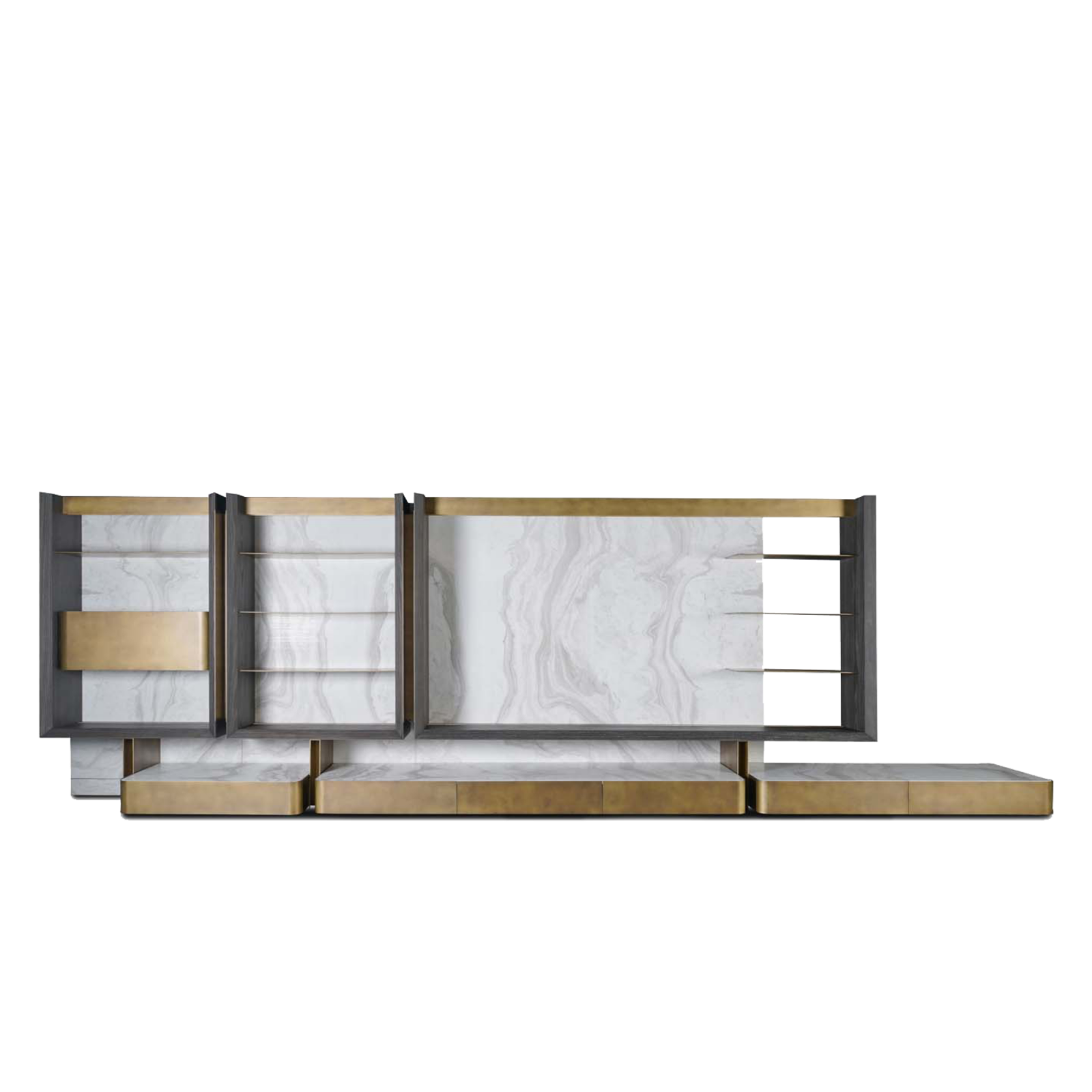 Odeon Tv unit Enriching the harmony of dark ashwood and Calacatta Helena with brass oxide,