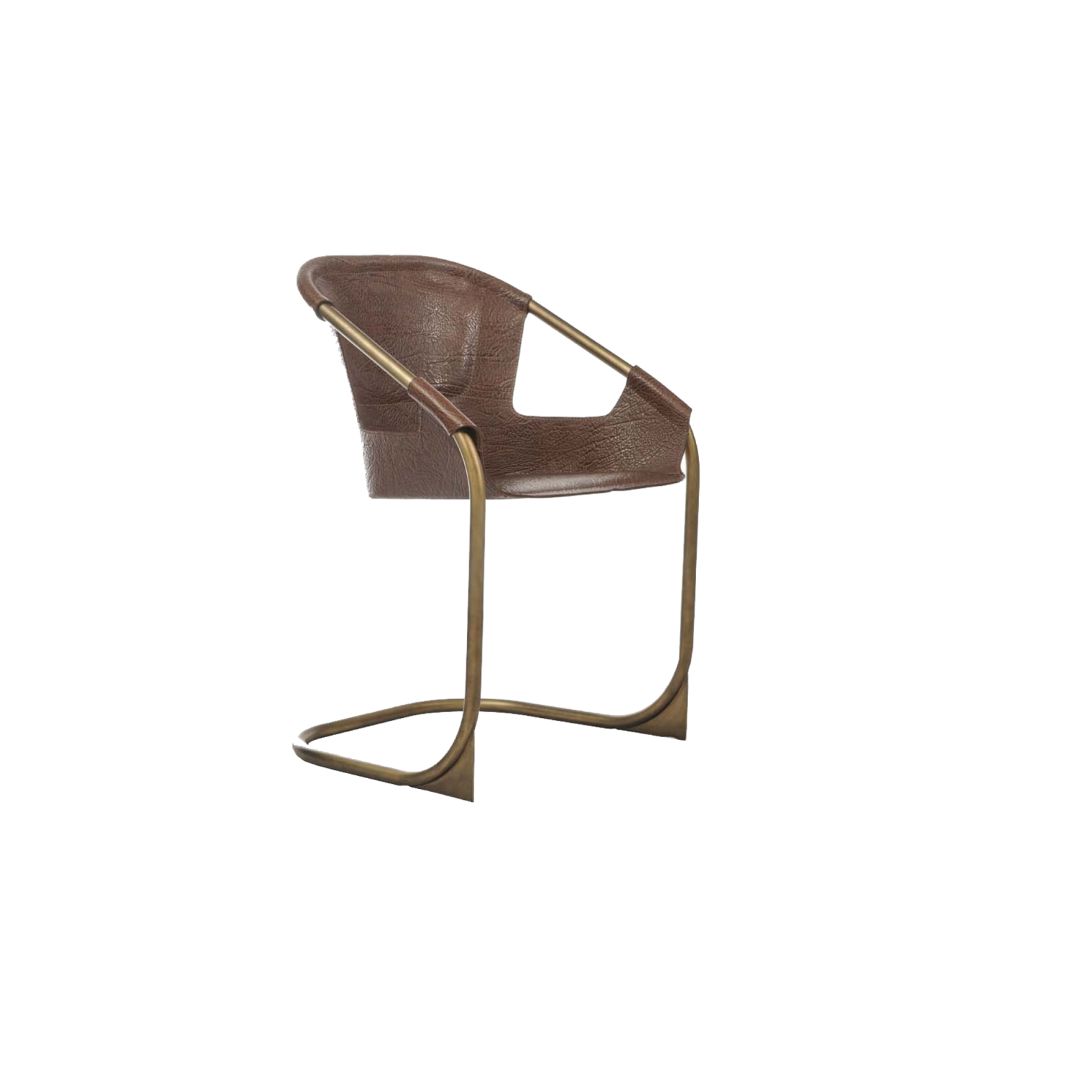 Zahir chair made of aged brass legs and brown leather in front of a white background