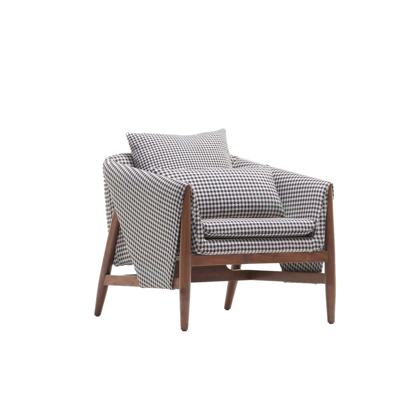 Gross armchair consisting of a solid and thin wooden frame, a structured foundation with graphic effect textiles