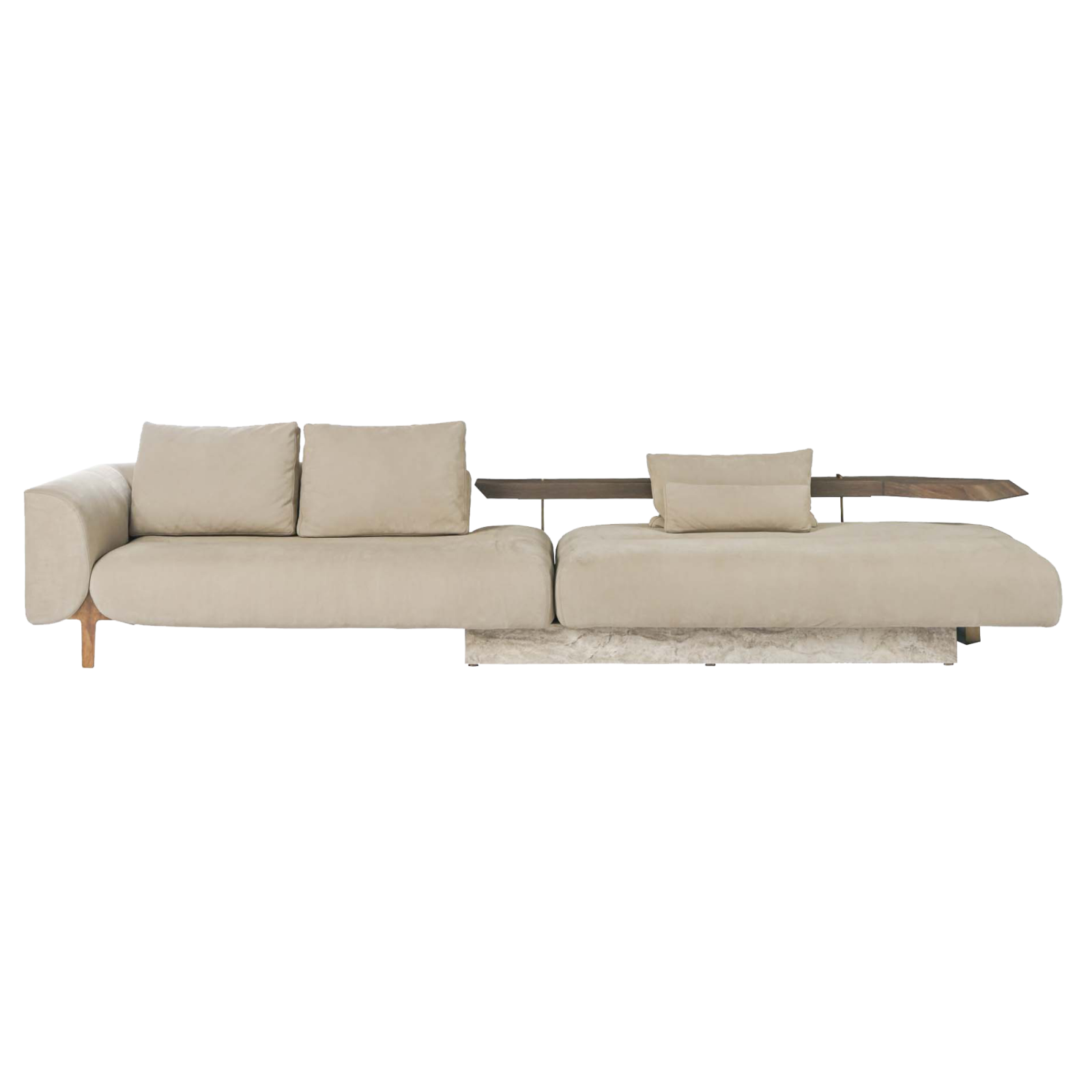 Canyon Sofa with walnut cover and aged brass meets with the unmatched texture of travertine marble.
