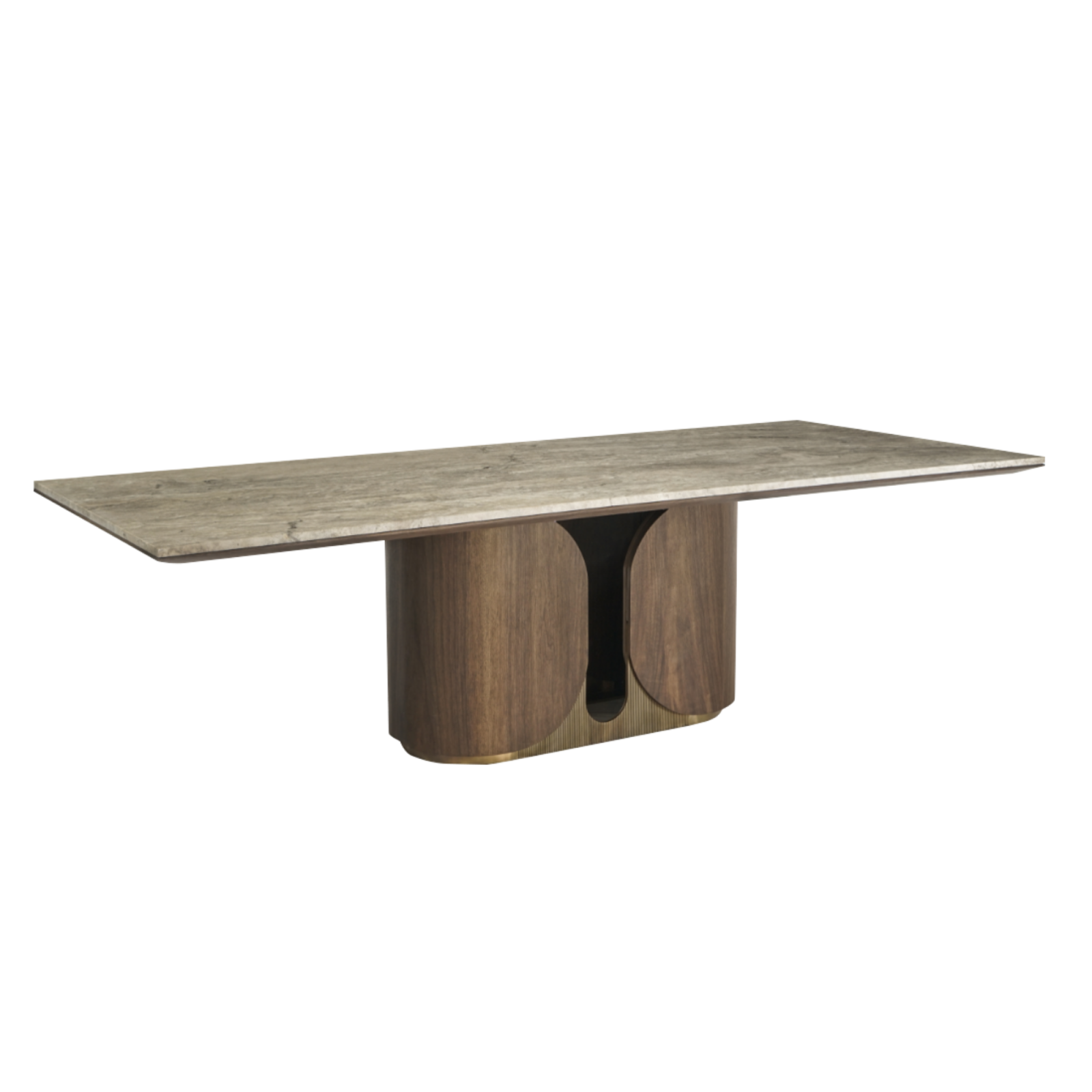 Stylish Horus Table which is made from walnut cover and aged brass standing on a white background