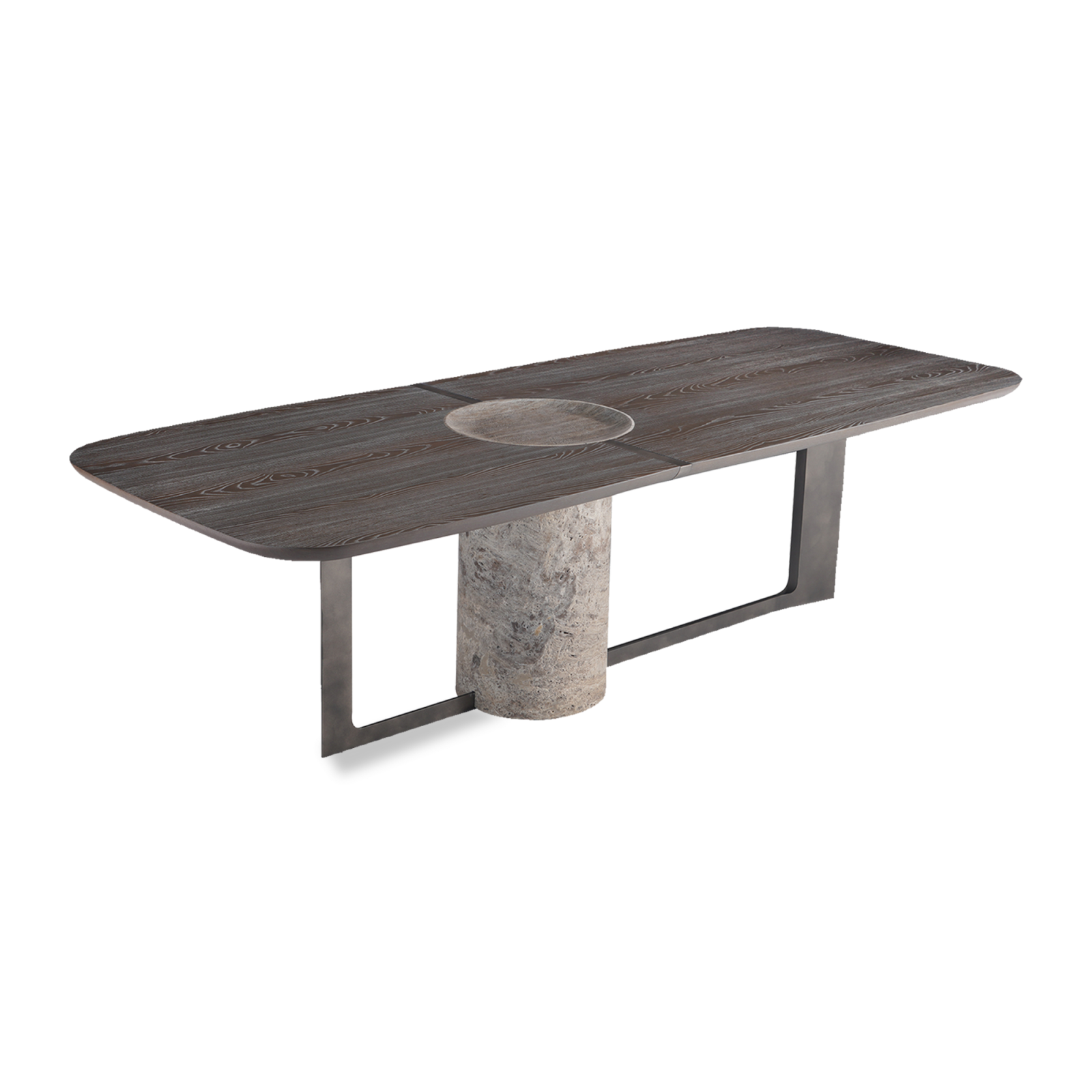 Titano Table, whose marble texture is enriched with wooden motifs and consists of metal legs, is on a white background.