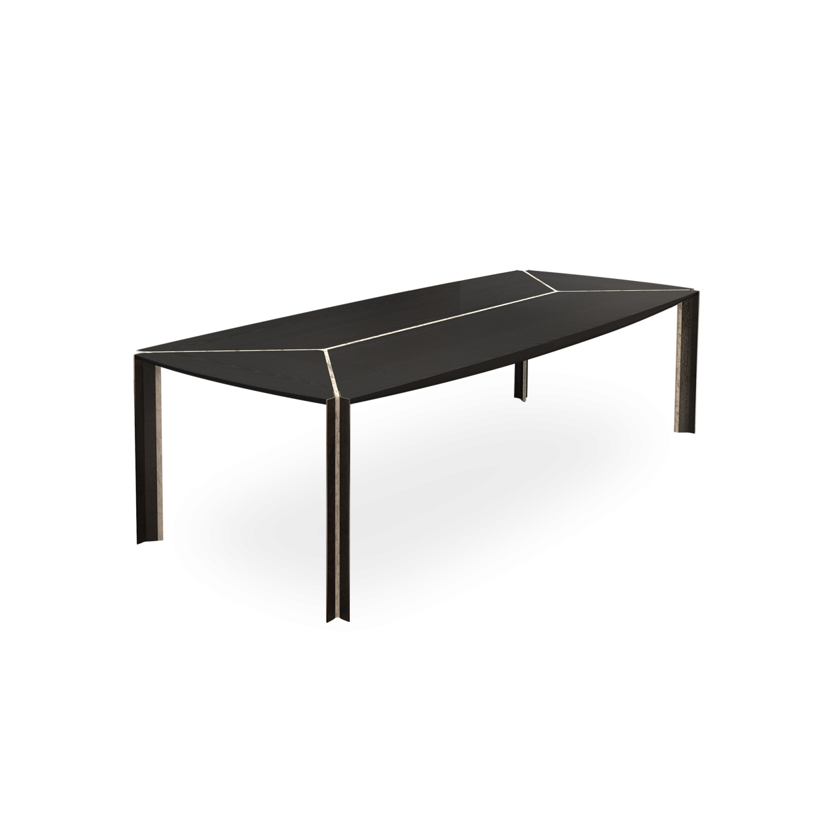 Foil Table consists of thin marble lines, curving forms, and metal legs standing on white background.