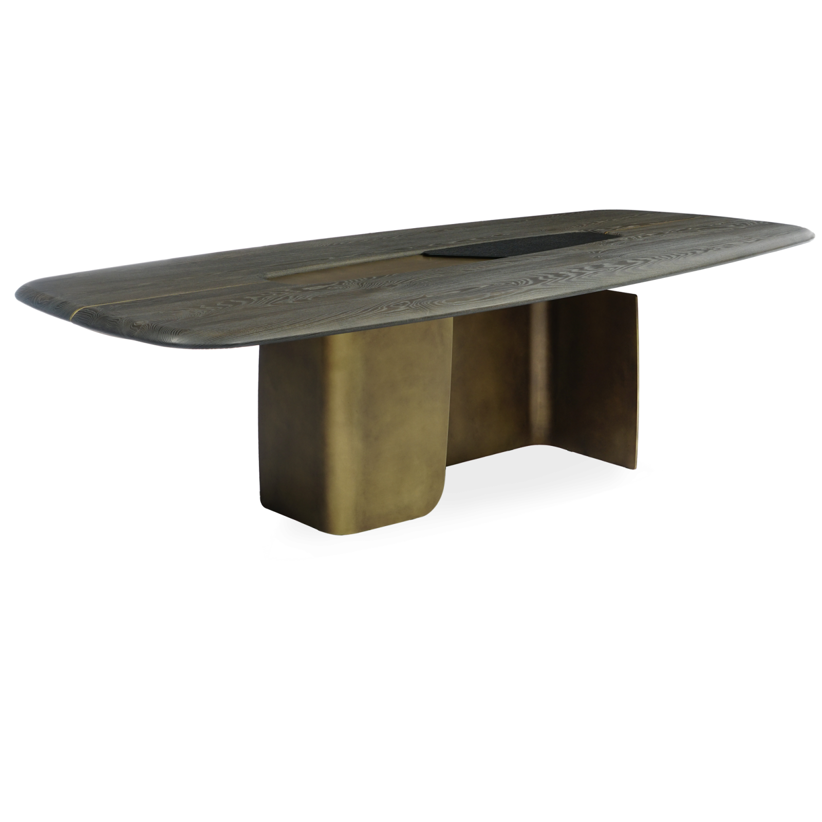 Menhir Table is Formed by a combination of dark solid ashwood and fusion glass standing on white background.