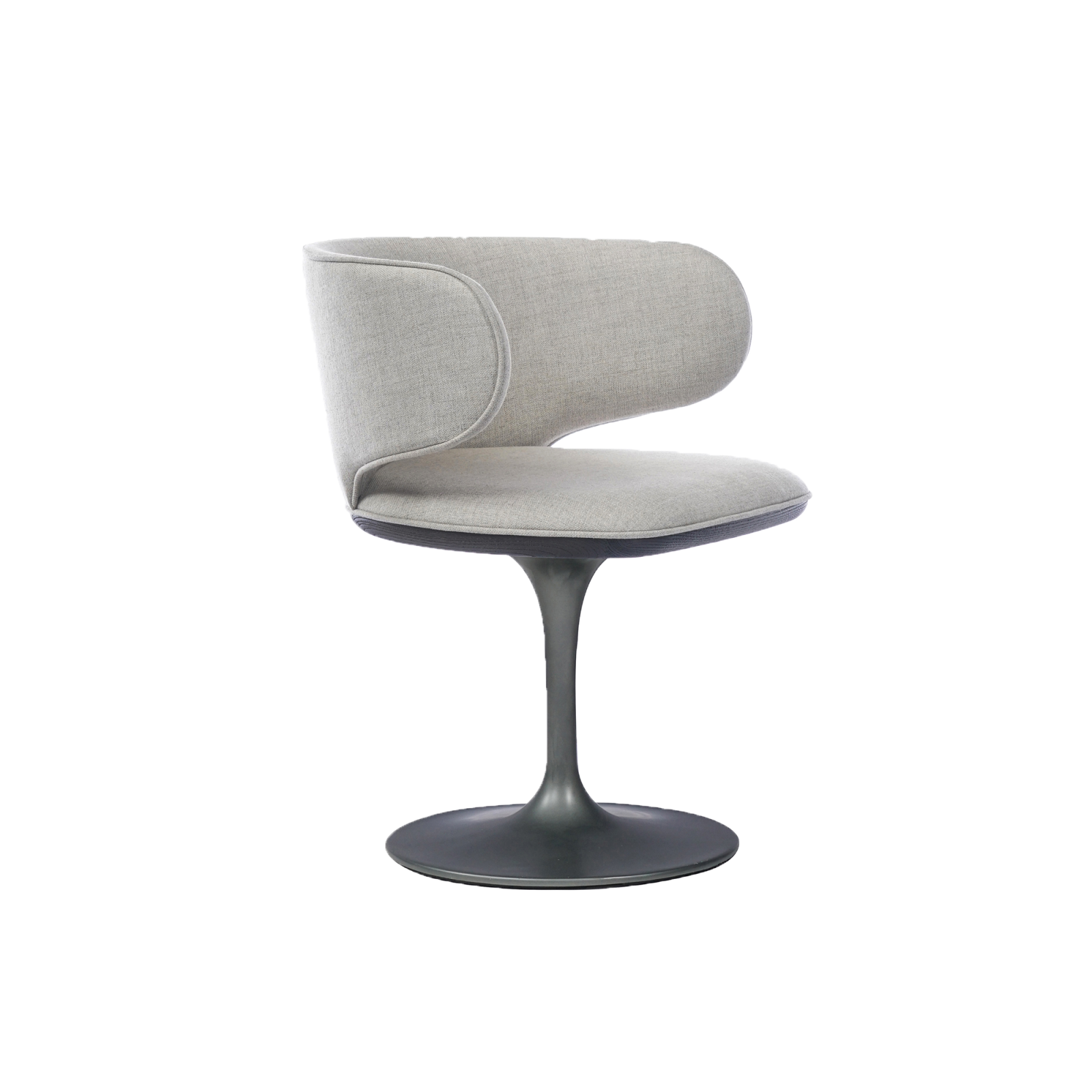 Petra B chair with one leg, oval design in front of a white wall