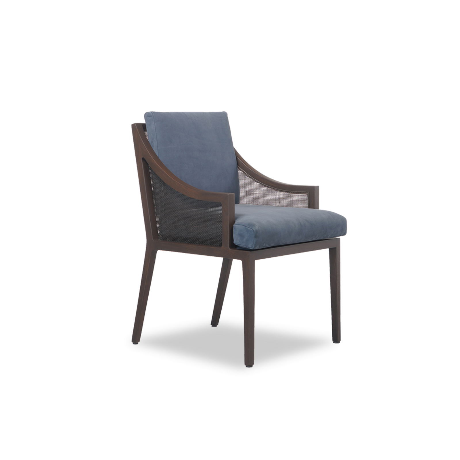 Toulouse chair with blue upholstery and brown wooden legs.