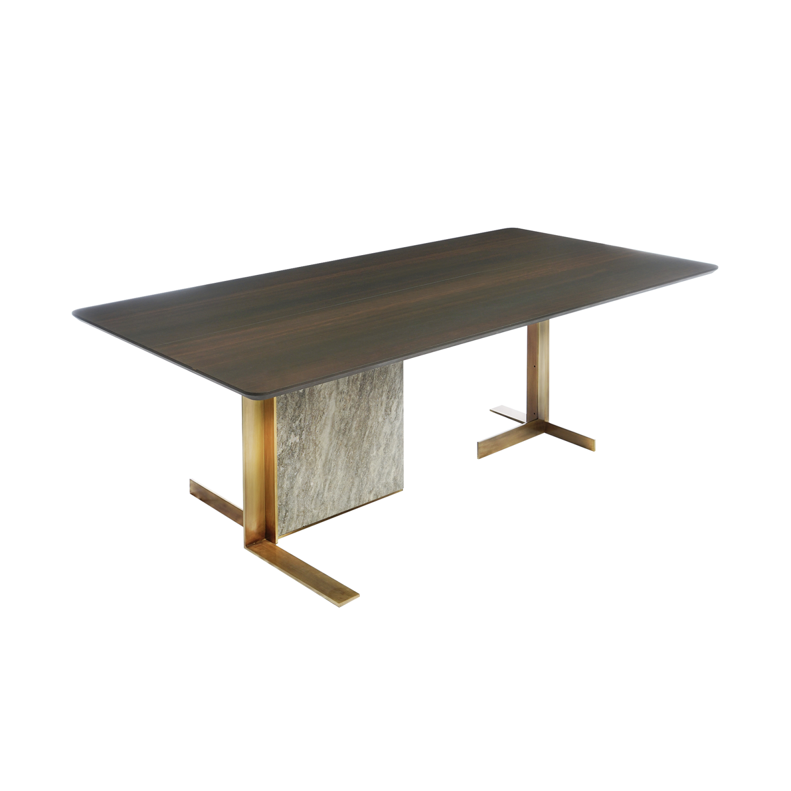 rectangular Inca Table which is made of aged brass with travertine marble standing in front of white background.
