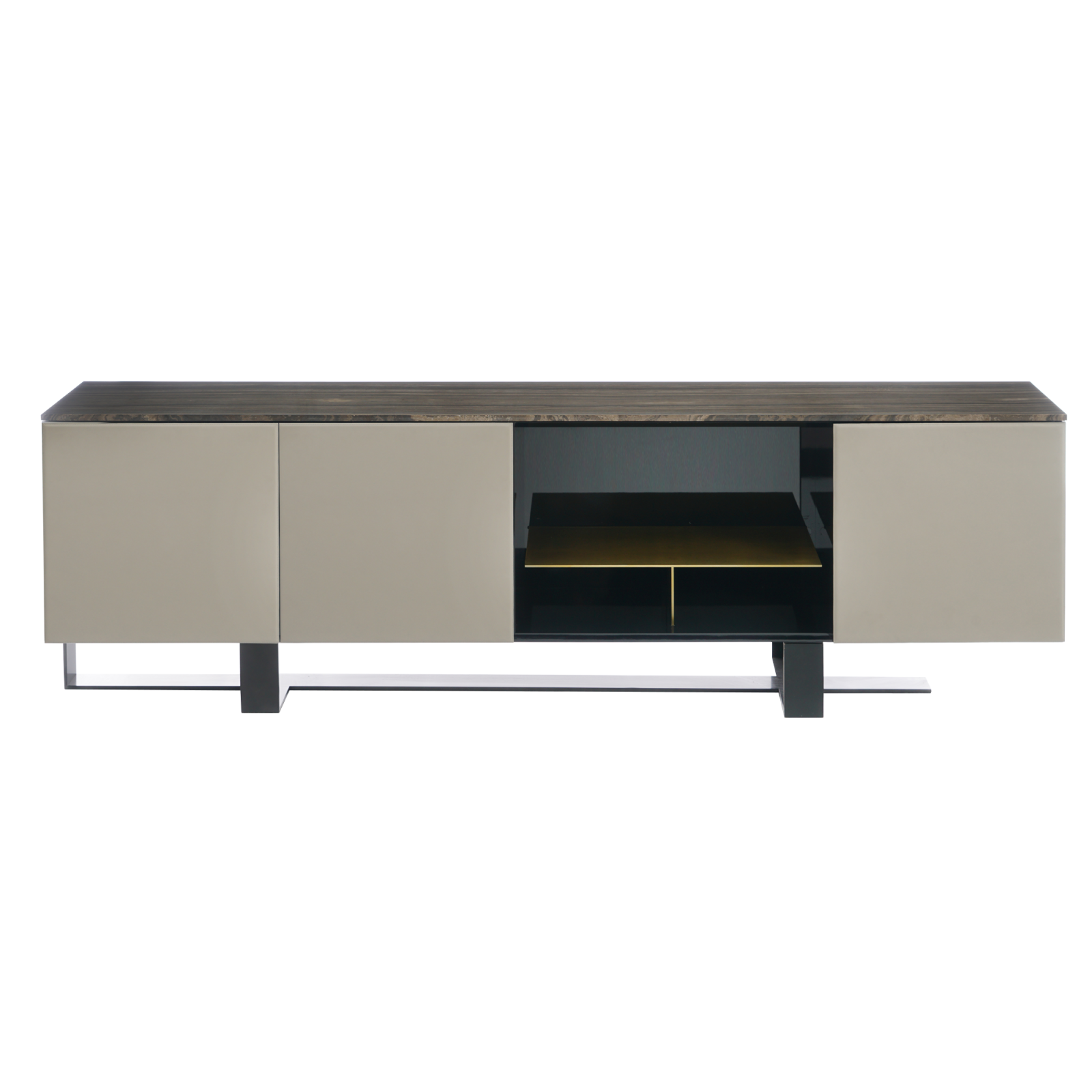 Frame Buffet features a stunning marble top, sleek wooden frame  stands in front of white background