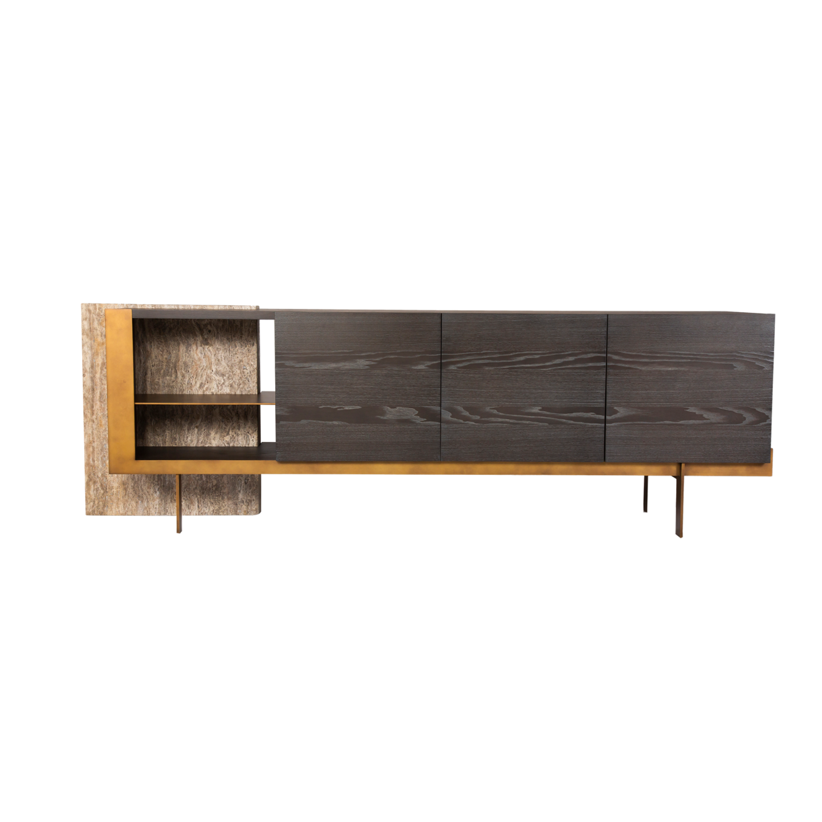 Inca sideboard is made from aged brass, with travertine marble standing on white background