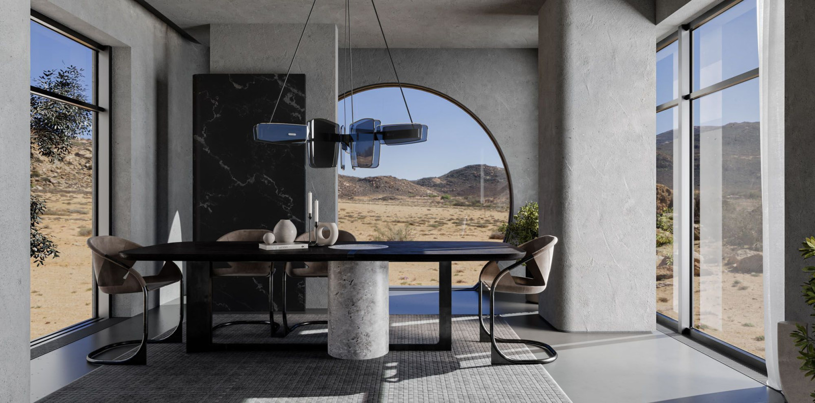 Titano table, in a living room intertwined with the landscape