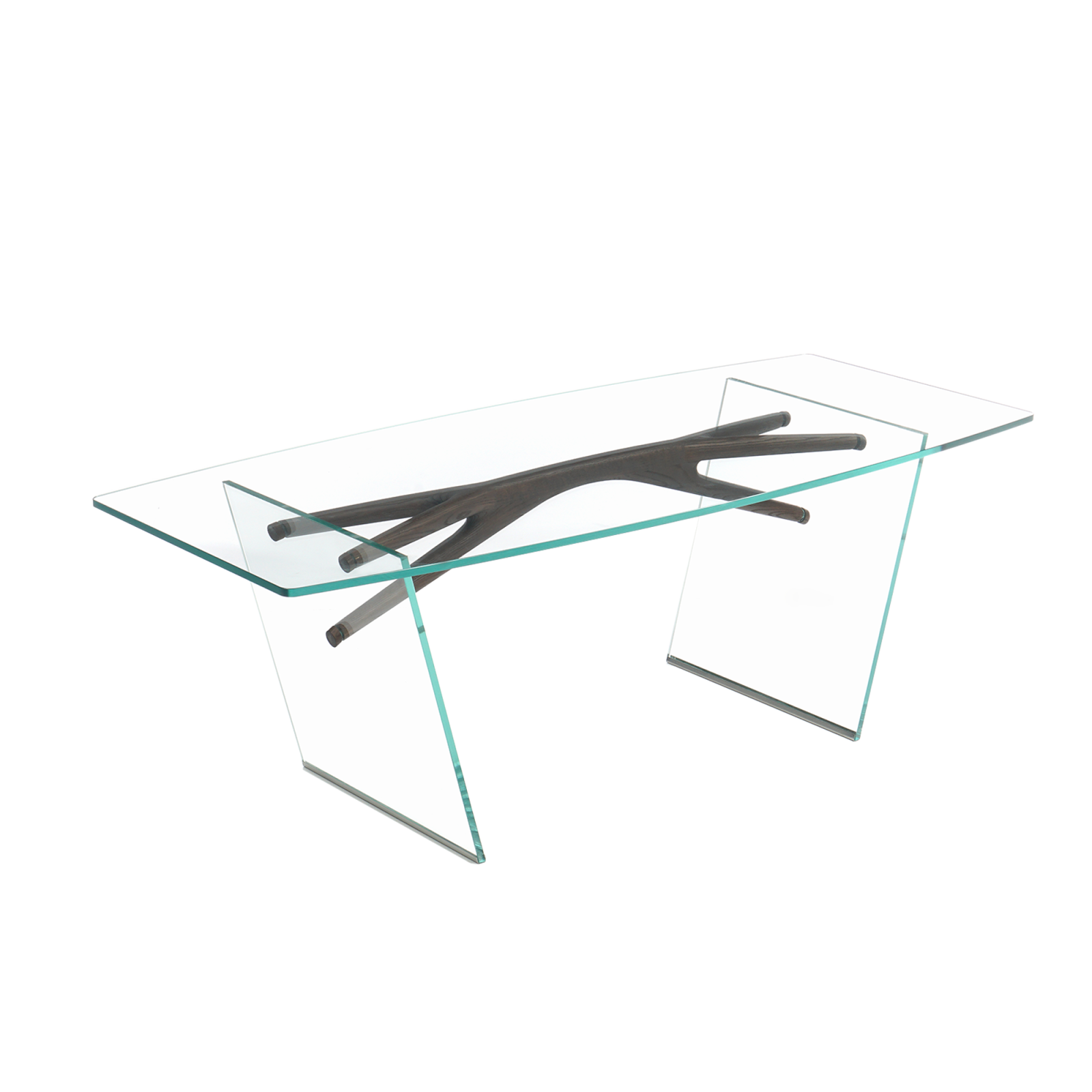 A transparent glass Loop table supported by a structural element in solid walnut. Standing on a white background.