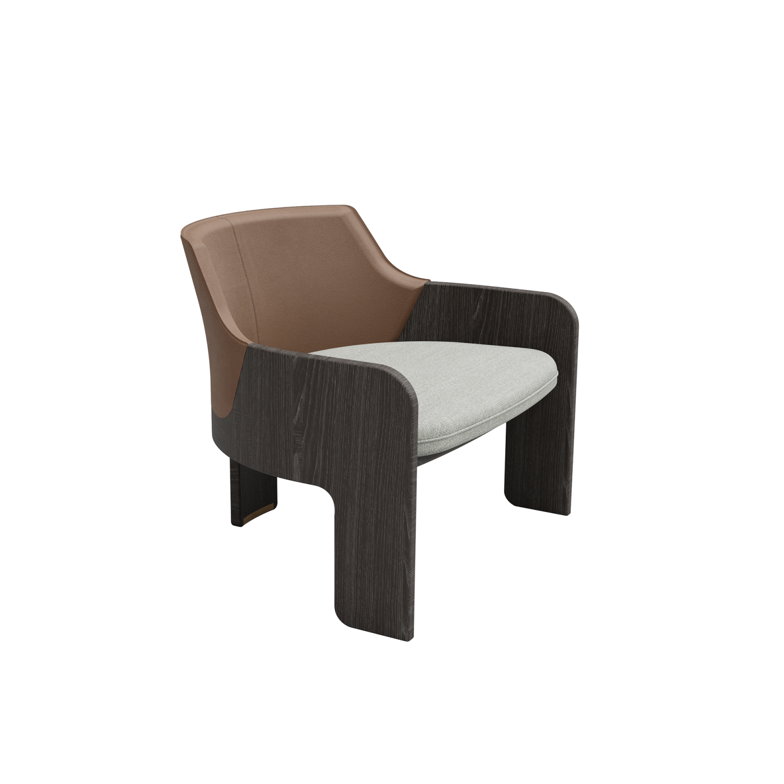 Brown Soul Armchair, consisting of a 3-legged body design and metal used on the back foot and leather details on the back