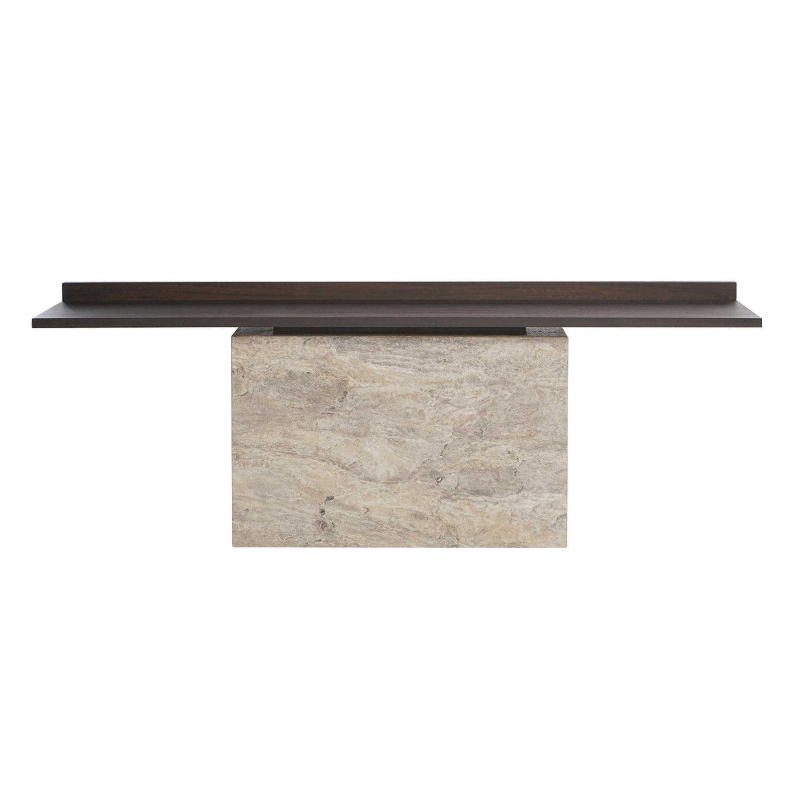 Latitude dresser, consisting of a marble body and wooden surface, stands in front of a white wall.